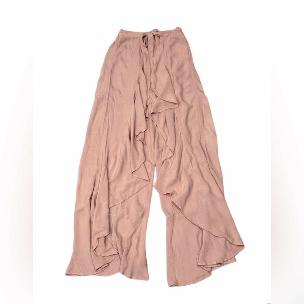 Forever 21 Women Solid Pink Waist Tie-Up Ruffled Maxi Skirt Open Leg Pants Small
